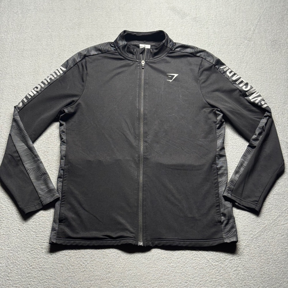 Gymshark Mens Full Zip Track Jacket XL Black Graphic Sleeve Logo Warm Up Gym